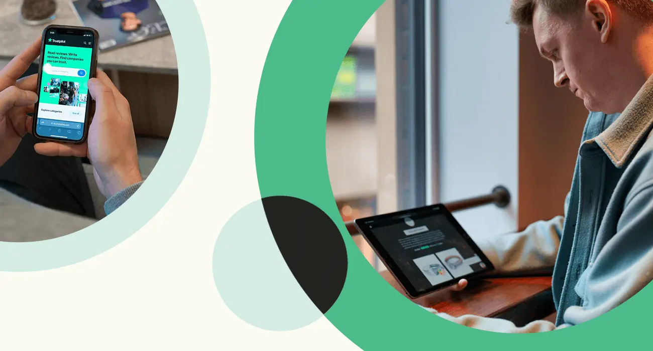 A graphic showcasing two photos. One of a man looking at his Tablet and one close up of a man's hands holding a smartphone which is displaying the Trustpilot website.