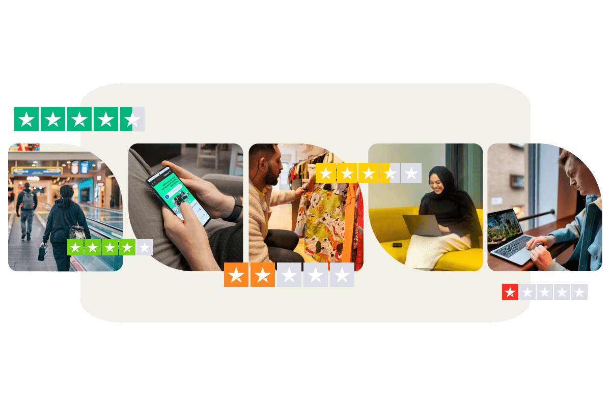 A collage of customer experiences showing people interacting with services, shopping, and using devices, overlaid with various star ratings from positive green to mixed yellow and negative red